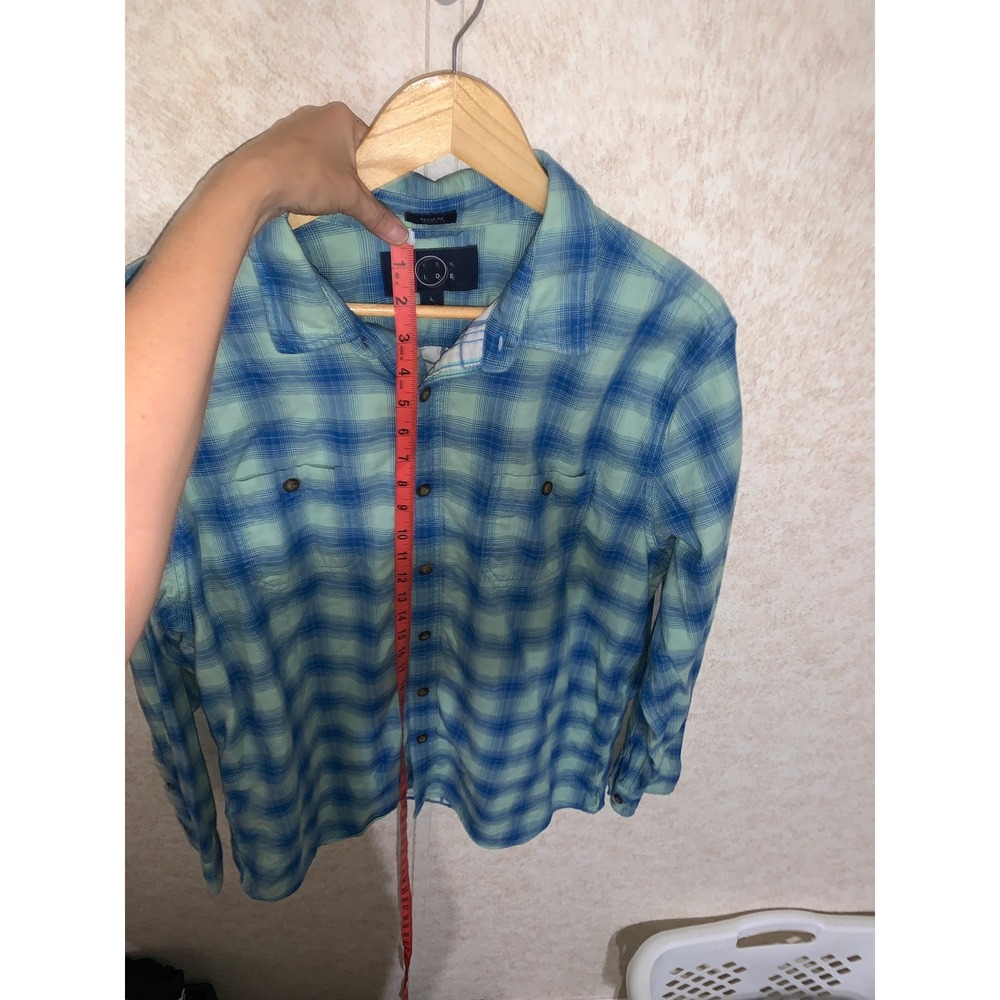 Even Tide Mens Regular Fit Blue Green Plaid Cotton Button Down Shirt L - Picture 6 of 11